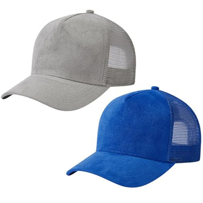 Suede Curved Brim Trucker Cap Adjustable Snapback Hat Mesh Back Breathable for Men Women 2 Pack SH03 - color: Pack of 2, Light Grey & Royal Blue