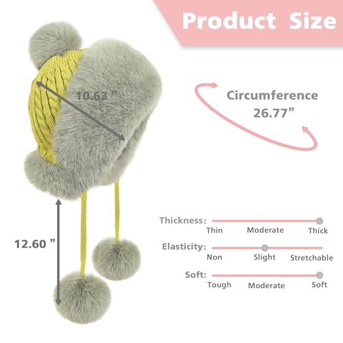 Winter Hats Cute Kint Hat Russian Fur Crochet Hat Slouchy Beanies with Pompom Warm Fuzzy Snow Cap Trapper Hat for Women - color: Light Green