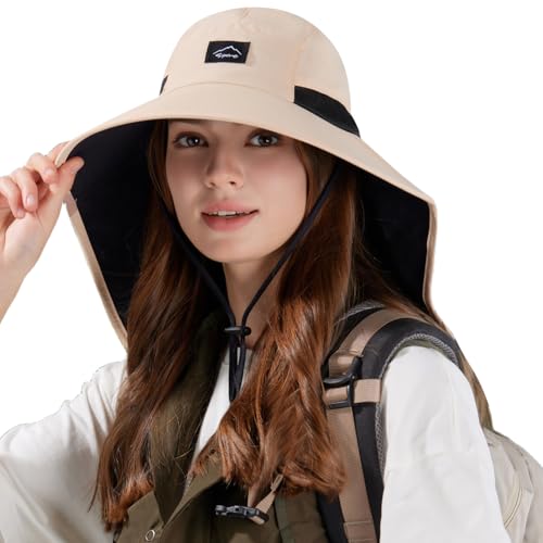 HUAMULAN Women Wide Brim Summer Sun Hat Ponytail Hole with Neck Flap - color: Beige With Black Mesh