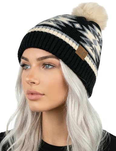 Funky Junque Women’s Pom Pom Beanie – Soft Knit Winter Hats for Women & Teens, Warm Fashionable Beanie with Faux Fur Poms - color: Black - Southwest Pattern