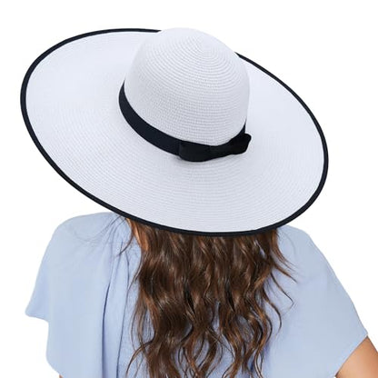 Women Wide Brim Sun Hat UPF50 Straw Summer Hat Floppy Beach Hat Roll-Up - color: White