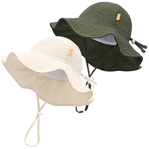 Baby Sun Hat Toddler Boy Girl Adjustable Outdoor Beach Hat Kids Wide Brim - color: Beige & Army Green -2pcs, size: 0-6 Months
