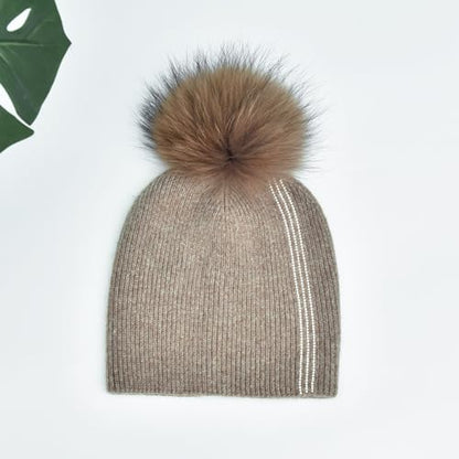 Women's Knitted Angora Wool Hat for Autumn and Winter Warm and Stylish with Rolled Brim and Slanted Rhinestones Cap - color: A-camel