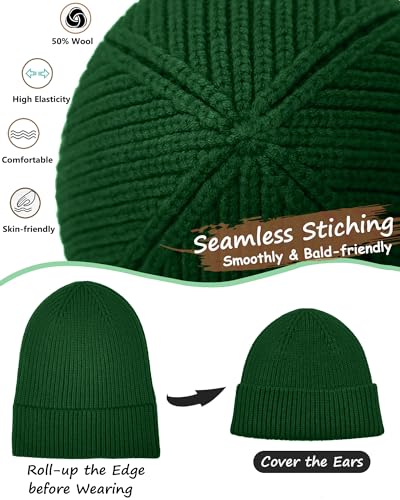 Wool Beanie for Men Women, Seamless Knit Cuffed Warm Winter Hats - color: 1pcs-kelly Green