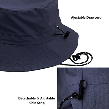 woogwin Waterproof Bucket Rain Hat with Chin Strap Quick Dry Packable Boonie Sun Hat Safari Hat UV Protection - color: Navy