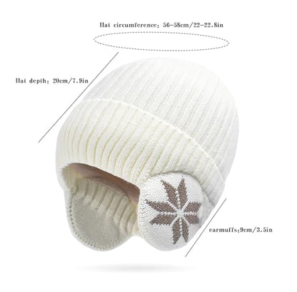 Knit Beanie Hat with Earflaps – Winter Warm Thick Fleece Lined Ski Skull Cap for Men Women - color: White