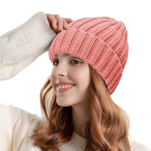 ZOORON 1&2 Winter Beanie for Women Soft Warm Slouchy Knit Hat Ski Stocking Cuffed Cap - color: Skin Pink