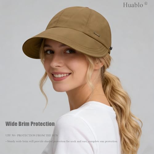 UPF 50+Womens Sun Hat UV Protection Hiking Fishing Hats Wide Brim Hat Adjustable Ponytail Packable Sun Cap - color: Coffee