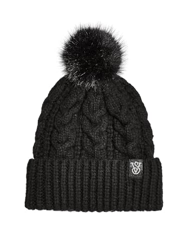 Victoria's Secret Cozy Cable-Knit Pom Beanie Shine Color Black Rhinestone Logo New