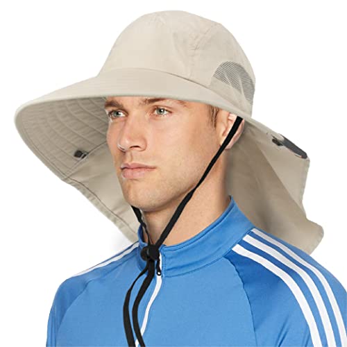 SUN CUBE Wide Brim Sun Hat with Neck Flap for Men Women, UPF50+ Fishing - color: Beige
