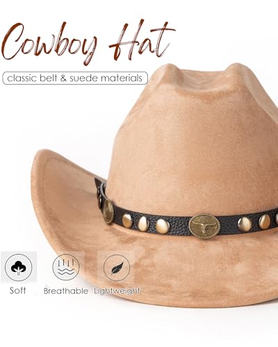 Western Cowboy Hat for Men Wide Brim Suede Cattleman Cowgril Hats - color: Black Belt /Khaki