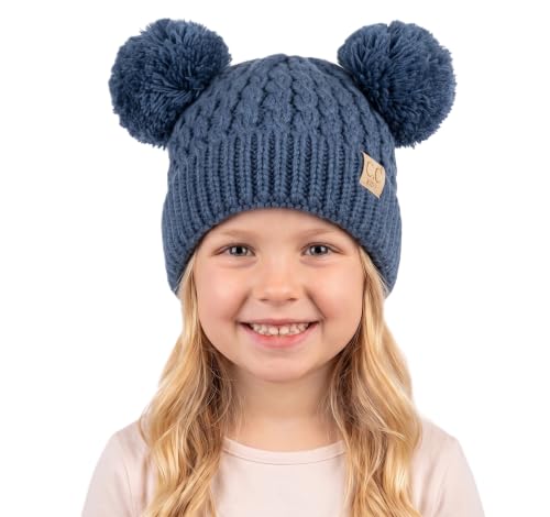 C.C Kids' Cable Knit Double Pom Beanie for Kids - Comfortable Soft Warm Children Skully Hat with Pom - color: Yarn Pom Dark Denim
