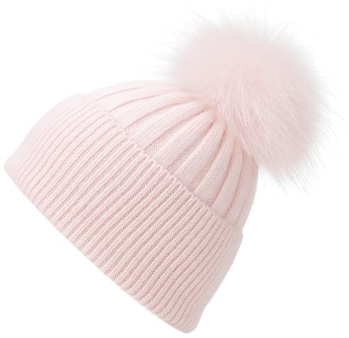 Women Real Fur Pom Pom Winter Ribbed Cuffed Knit Beanie Hat - color: Rc Pink