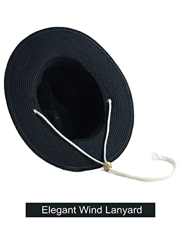 Women Straw Fedora Hat Summer Panama Beach Sun Hats UV UPF50+ Cap - color: Black