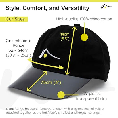 VISTO Unstructured Sports Hat with Transparent Brim – No-Glare UV Protection – 100% Chino Cotton – Hook and Loop Strap - color: Black