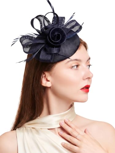 Flower Fascinator Hat Headband Clip for Women Tea Party - color: Navy-02