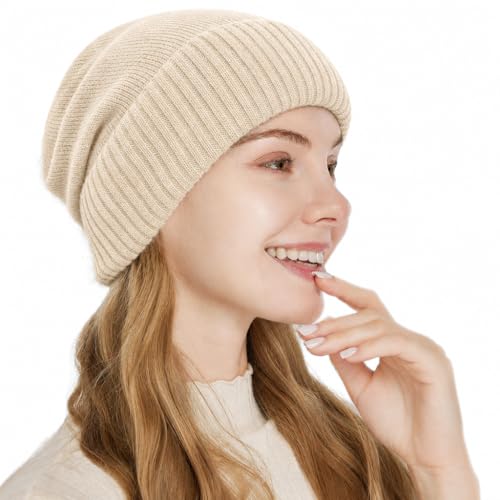 Facecozy Satin Lined Beanie for Women Soft Satin Lining Slouchy Winter Hats - color: Beige