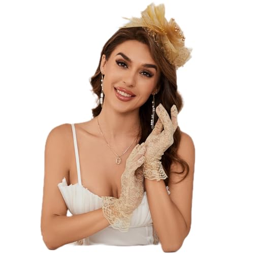 GurZinn Fascinator Hat Veil Feather Fascinator Tea Party Bridal Wedding Veil Pillbox Hat - color: C-gold Hat&gloves