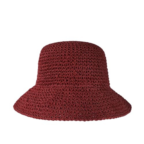 Womens Sun Hats Wide Brim Summer Beach Hat for Women Foldable Travel Straw Hat UPF50+ - color: A-red