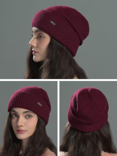 jaxmonoy Slouchy Beanies for Women Winter Lightweight Ladies Knit Hat Cuffed Soft Warm Slouch Beanie Cap - Brown - color: Wine Red