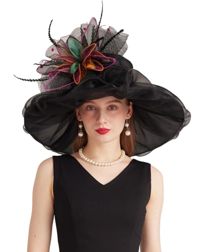 Women Derby Church Hat Organza Flower Wedding Tea Party Fascinator Wide Brim Sun Hat - color: 12-black Color