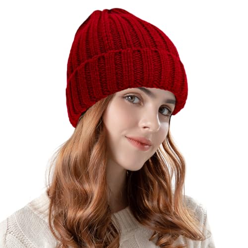 ZOORON 1&2 Winter Beanie for Women Soft Warm Slouchy Knit Hat Ski Stocking Cuffed Cap - color: Wine Red
