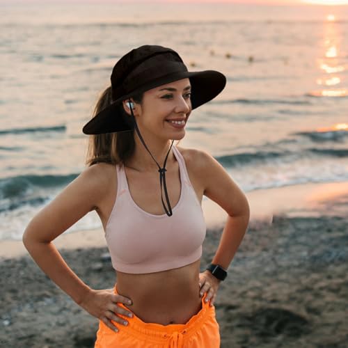 Bucket Sun Hat for Women Wide Brim Breathable Mesh UPF50+ Safari Hat Criss Cross Ponytail Hole Outdoor Rain Hat - color: Black