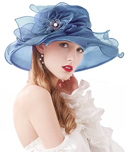 Organza Fascinator Hat - Women’s Wide Brim Church Bridal Tea Party Wedding Hat - color: 02a-darkblue
