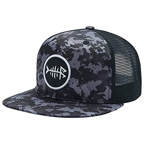 BASSDASH Flat Brim Trucker Cap Adjustable Snapback Hat Mesh Back for Men Women - color: Night Digital Camo