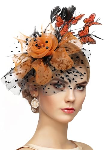 Zinniday Butterfly Derby Hat 2025 - Classic Tea Party Hats with Hair Clip, 1920s 50s Fascinators for Lady Woman - color: Black Orange