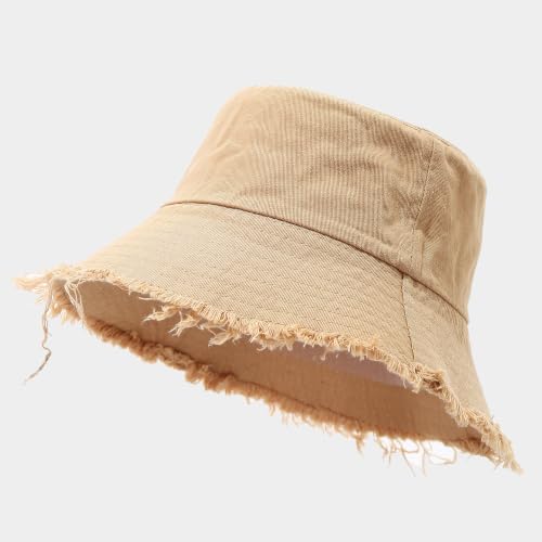 Quanhaigou Frayed Unisex Sun Hats, Fashion Beach Bucket Hat for Men Women,Summer Outdoor Boy's Girls Boonie Cap - color: Vintage Khaki