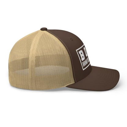 NG Boat Bring Out Ass and Titties Curved Bill Trucker Hat Mid Crown Adjustable Funny Adult Humor Cap - color: Brown/ Khaki