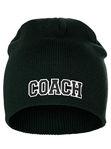 I&W Sports Team Coach Arch Letters Winter Knit Cuffless Beanie 3D Raised Layers - color: Dk Green Beanie White Black