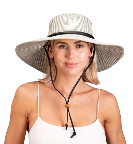Sloggers Women's Wide Brim Braided Sun Hat with Wind Lanyard - UPF 50+ Maximum Sun Protection - color: Gray