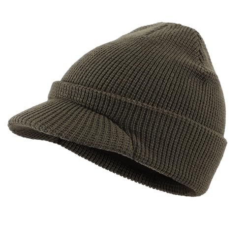Home Prefer Mens Wool Blend Winter Hat Double-Layer Warm Knit Pre-Curve Visor Beanie Brimmed Beanies Hat for Men Women - color: Army Green