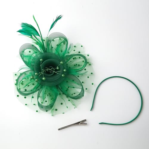 JUNBESTN Fascinators Hat Tea Party Headwear for Women Flower Mesh Feathers Headband - color: Green