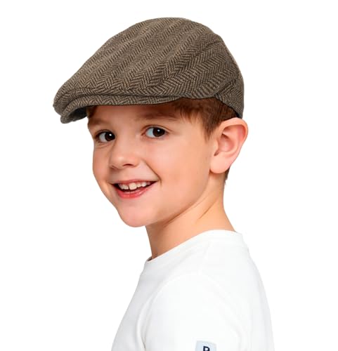Kids Boys Wool Newsboy Cap - Vintage Tweed Flat Baker Hat Ivy Cap (4Y-8Y) - color: Coffee