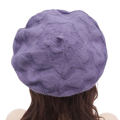 ZLYC Women French Beret Hat Reversible Solid Color Knit Warm Artist Cap - color: Cable Pattern Purple