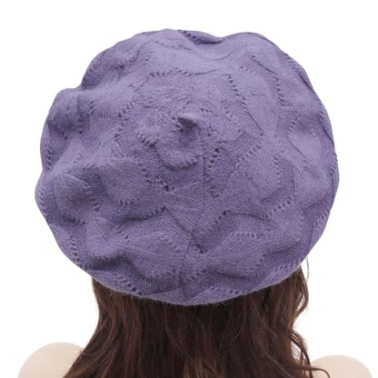 ZLYC Women French Beret Hat Reversible Solid Color Knit Warm Artist Cap - color: Cable Pattern Purple