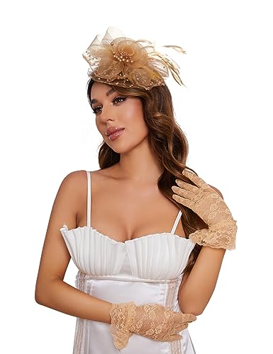 Fascinators Hat Clip Hat Wedding Cocktail Tea Party Headwear and Short Lace Bowknot Gloves for Women - color: Brown