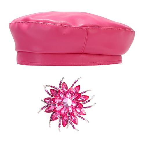 Chic PU Leather Beret for Women, Classic Berets Artist Painter Cap with Rhinestones Accessories - color: Hot Pink