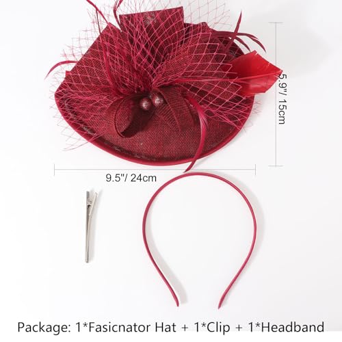 AQOKKA Women Fascinators Hats Flower Mesh Feathers Headband Clip - color: 1 Pc Feather Fascinators : Burgundy a