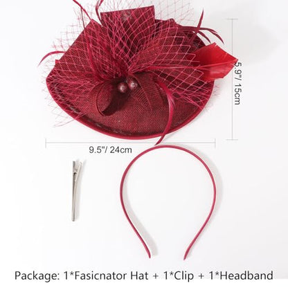 AQOKKA Women Fascinators Hats Flower Mesh Feathers Headband Clip - color: 1 Pc Feather Fascinators : Burgundy a