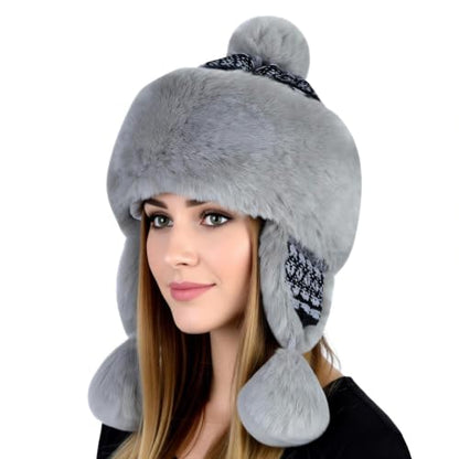 Warmer Faux Fur Trapper Hat for Women, Furry Warm Mongolian Russian Skiing Winter Cold Windproof Earflap Outdoor Cap - color: Grey