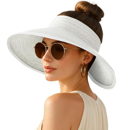 Women's Sun Visor Hats Wide Brim Straw Beach Hat Ponytail Hats for Women Foldable Floppy - color: 1pack-kd-white.