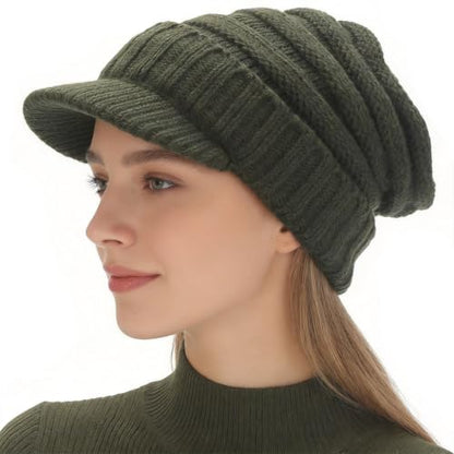 Ruphedy Mens Beanie with Brim Winter Hat Knitted Thick Fleece Visor Beanie - color: B320-green