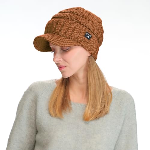 C.C Trendy Warm Oversized Chunky Soft Oversized Ribbed Slouchy Knit Hat with Visor Brim - color: Clay