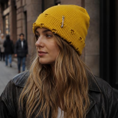 Distressed Ring Beanie Hat for Women Men Slouchy Skull Cap - color: Yellow
