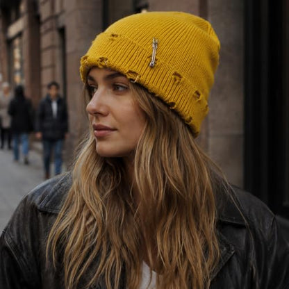 Distressed Ring Beanie Hat for Women Men Slouchy Skull Cap - color: Yellow