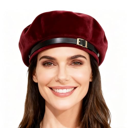 Women's Berets: Black Houndstooth Red Beret Hats for Women Fall Winter Fashion Outfit - color: Corduroy Red